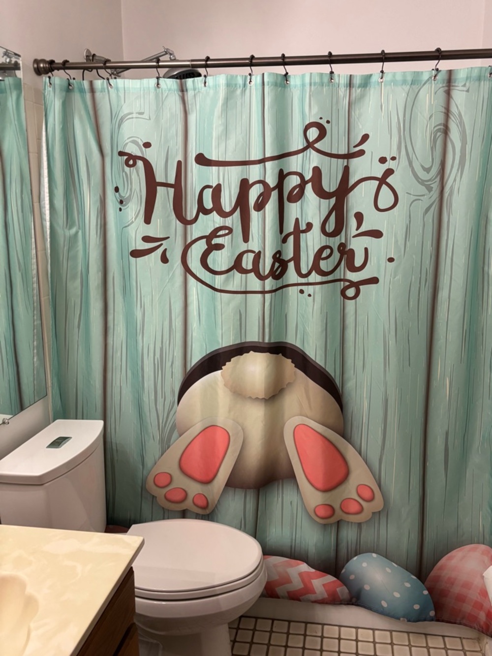 Happy Easter Mint Bunny Shower Curtain - Seasonal Bathroom Decor